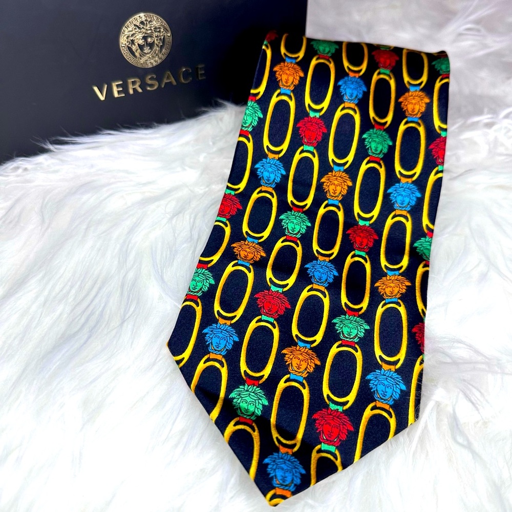 Gianni Versace Tie Colorful Medusa Heads on Black Background